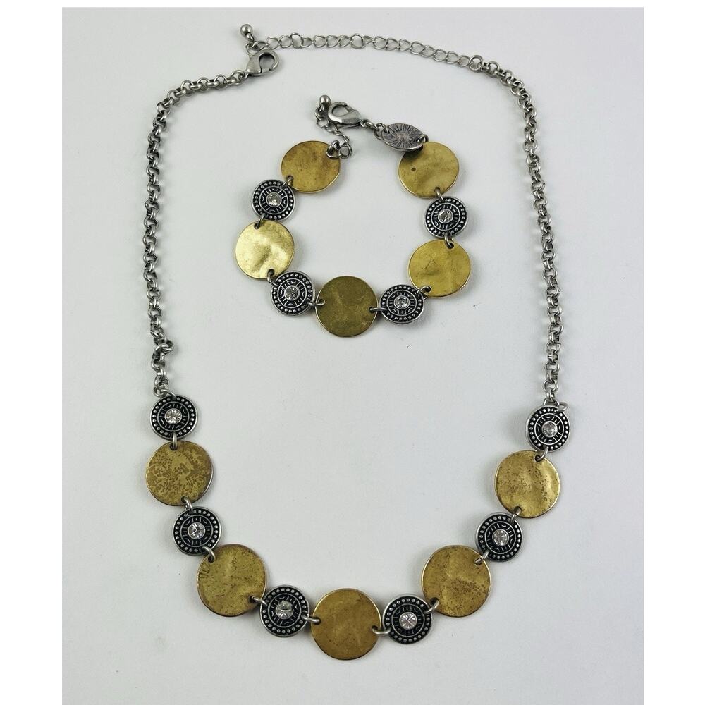 2 Tone Coin Disc Necklace Bracelet Rhinestone Boho Matte Brass Gold Silver disk
